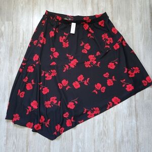NWT Lane Bryant Asymmetrical Skirt Black Red Floral Pullon Stretch Midi Sz 18/20